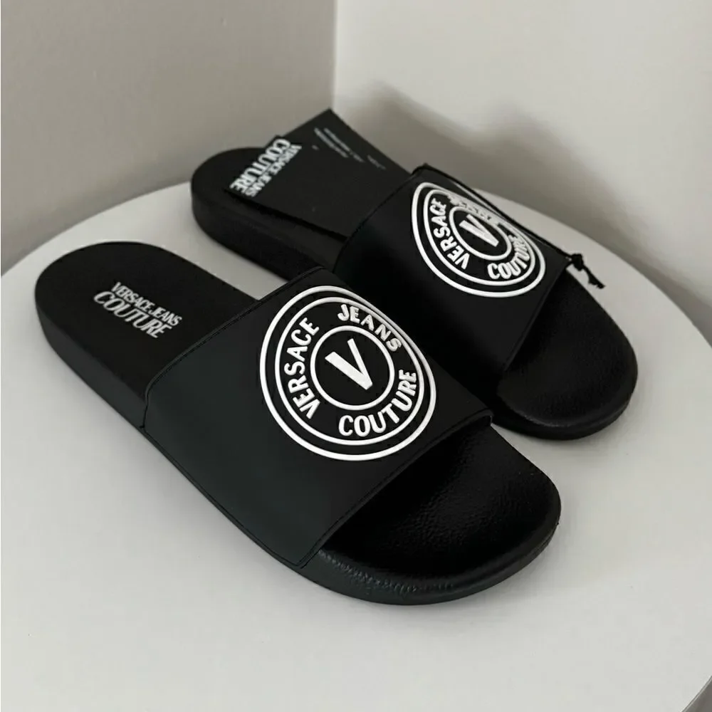 ⭕️ VERSACE JEANS Men’s Slippers Flit Flops Sandals Black Designer 43 US 10